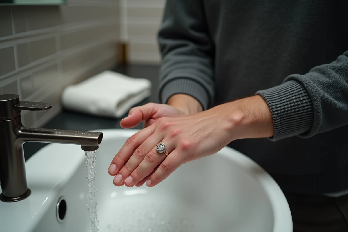 Jeune homme nettoyant une bague en or blanc sous l