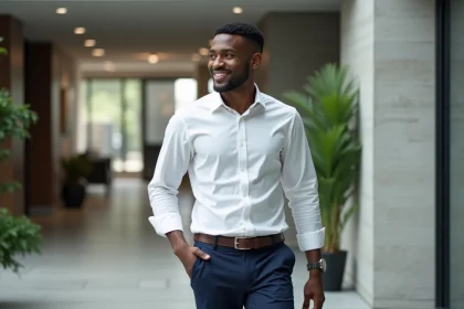 Jeune homme d'affaires dans un bureau moderne en costume blanc
