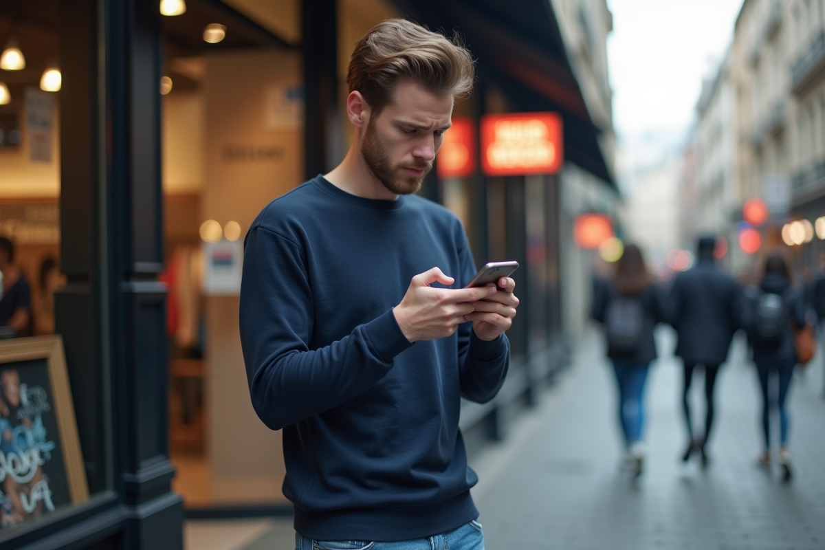 Jeune homme dehors devant un salon de coiffure en ville