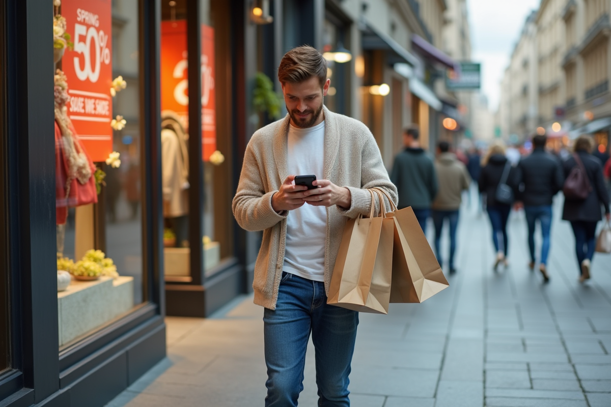 Jeune homme avec sacs de shopping dans une rue urbaine animée