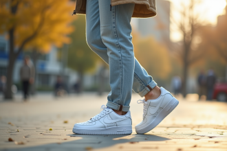 Jeune homme en ville avec sneakers blanches Air Force 1