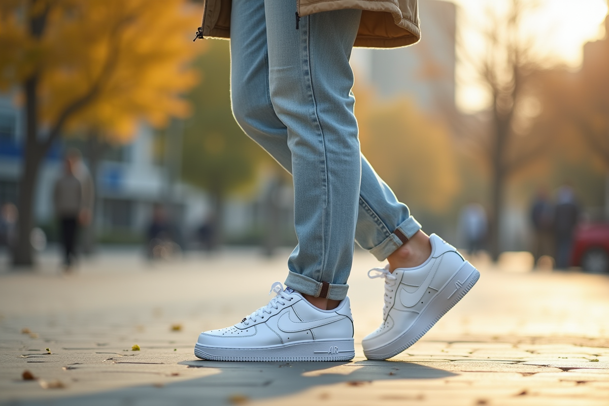 Jeune homme en ville avec sneakers blanches Air Force 1