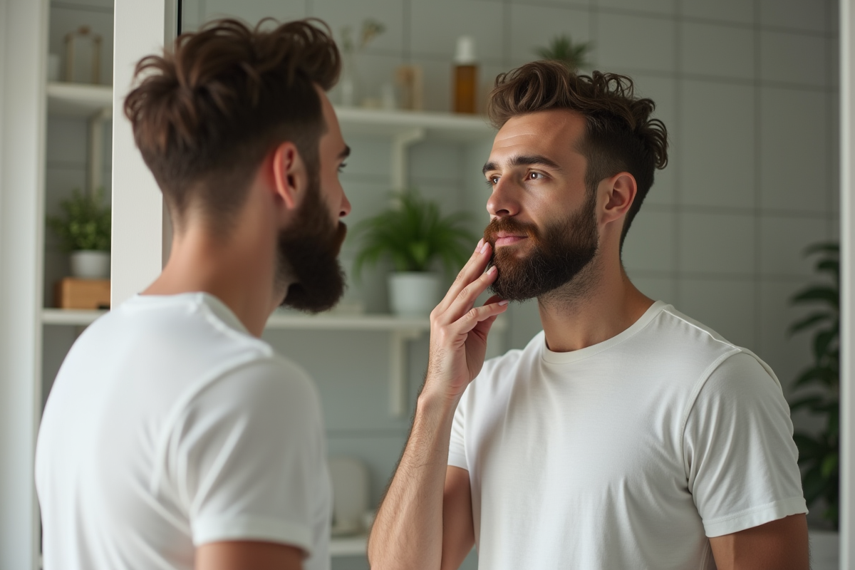 Jeune homme vérifiant la forme de sa barbe dans un miroir à la maison