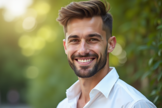 Jeune homme souriant avec barbe courte en extérieur