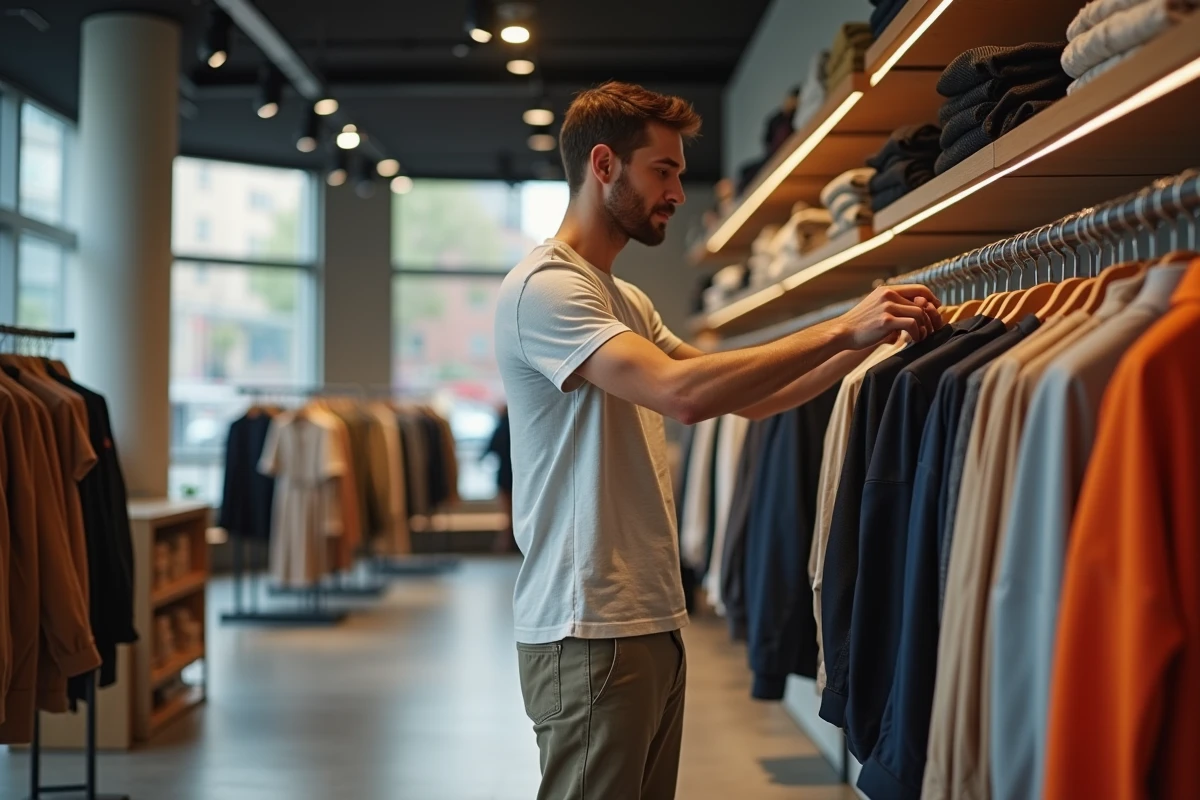 Jeune homme compare un blouson polyester dans une boutique
