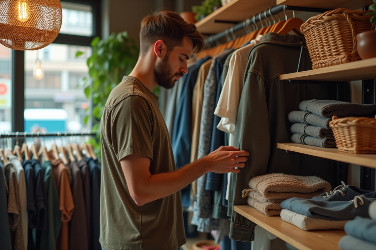 Jeune homme dans une boutique vintage avec vêtements durables