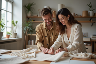 Deux jeunes créateurs de mode examinant des échantillons dans un studio lumineux