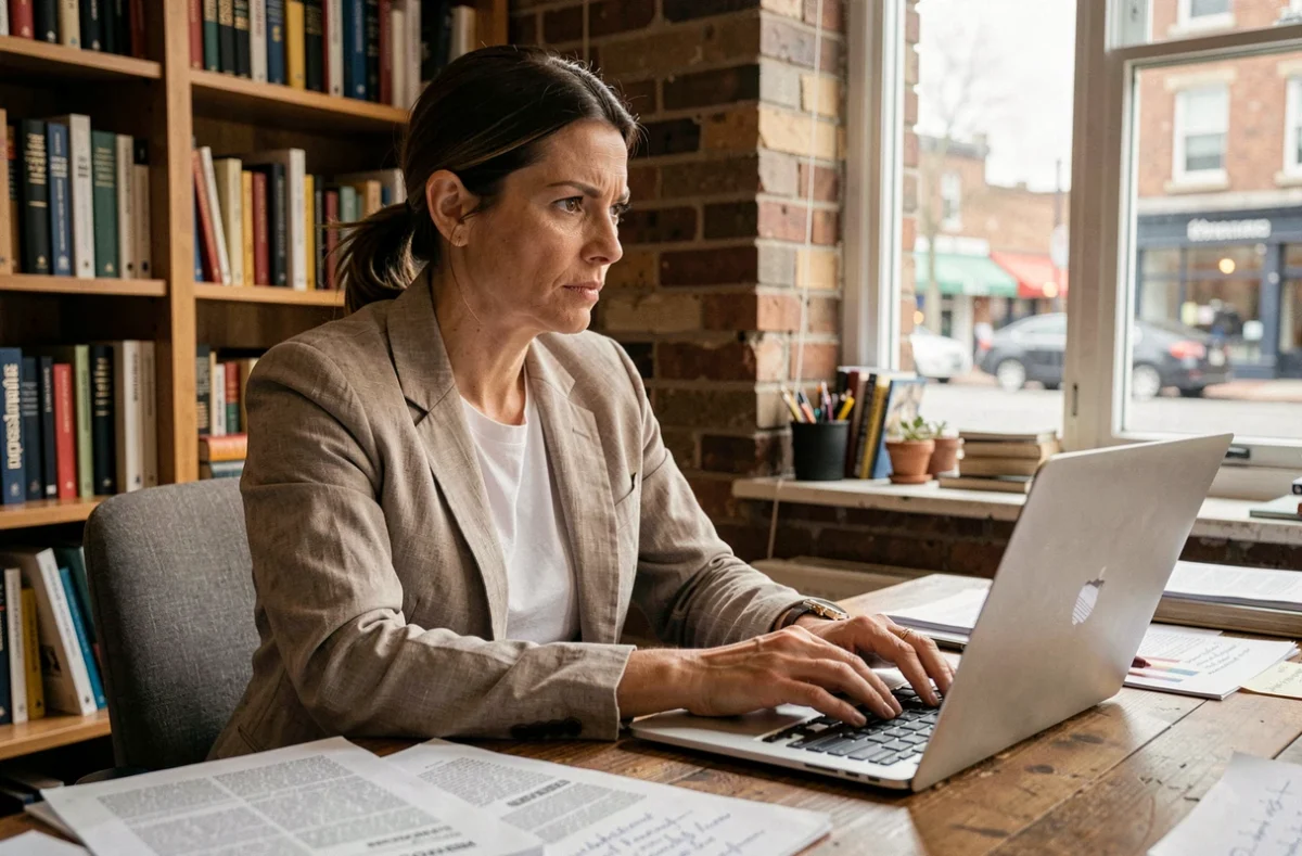 Journaliste engagée travaillant à son bureau encombré de notes et d'articles imprimés dans un bureau à domicile
