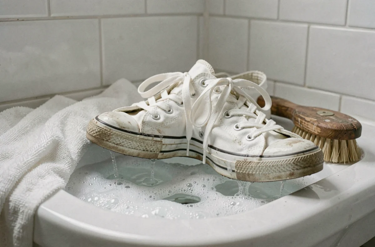 Paire de Converse blanches lavées à la main dans un évier avec une brosse et un chiffon savonneux