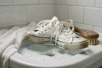 Paire de Converse blanches lavées à la main dans un évier avec une brosse et un chiffon savonneux