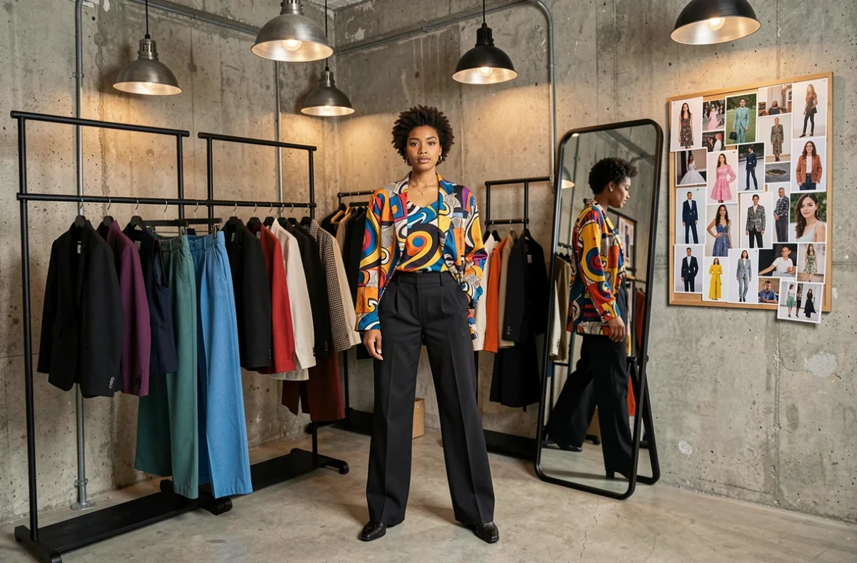 Le Studio à Chantilly, boutique tendance avec une femme stylée devant des portants de vêtements modernes dans un cadre industriel