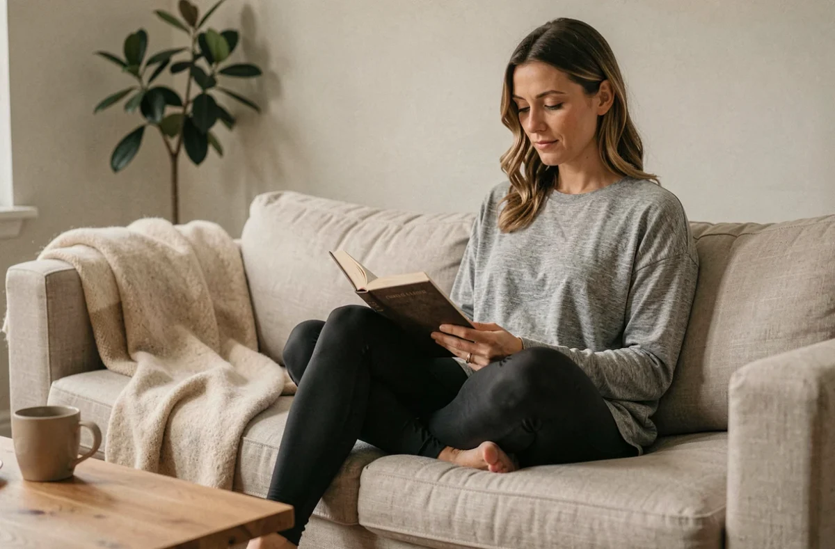 Femme en legging gainant noir sur un canapé beige, démontrant le confort du legging minceur pour une journée à la maison