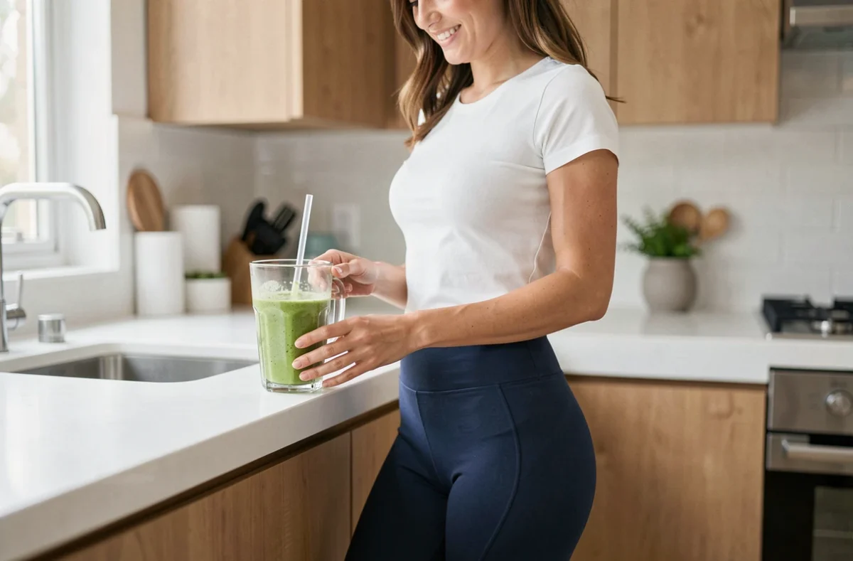 Femme portant un legging minceur marine dans sa cuisine, illustrant le confort au quotidien toute la journée