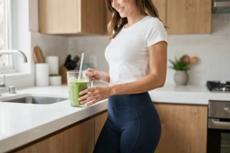 Femme portant un legging minceur marine dans sa cuisine, illustrant le confort au quotidien toute la journée