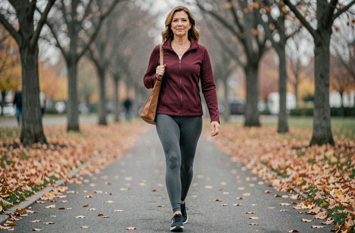 Femme active portant un legging minceur gris en promenade dans un parc en automne, alliant confort et style au quotidien
