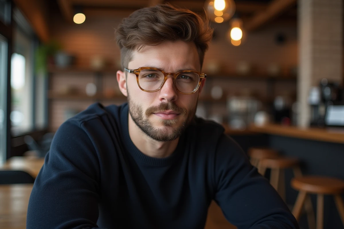 Homme visage rond avec lunettes browline géométriques dorées tendance 2026 dans un café urbain