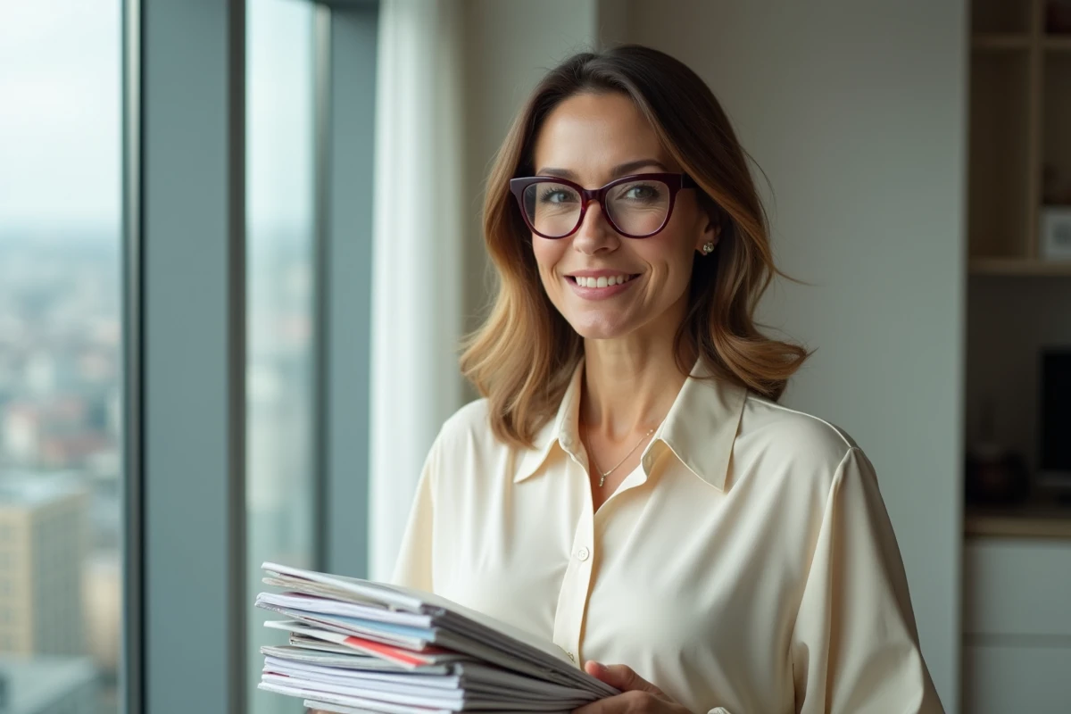 Femme de 40 ans visage rond portant des lunettes cat-eye bordeaux affinantes tendance 2026 dans un appartement moderne