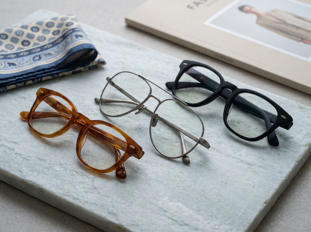 Détail de trois paires de lunettes de luxe issues de collaborations entre maisons de mode et lunetiers