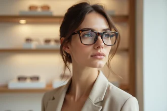 Femme visage rond portant des lunettes rectangulaires en acétate écaille tendance 2026 dans une boutique optique parisienne