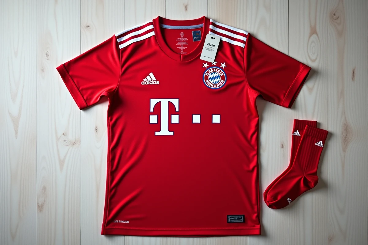 Maillot Bayern Munich pour enfant présenté en flat lay sur une table en bois avec chaussettes assorties