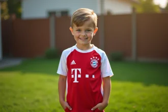 Jeune garçon portant le maillot enfant Bayern Munich rouge et blanc dans un jardin