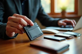Main sélectionnant un portefeuille en cuir sur un bureau en bois