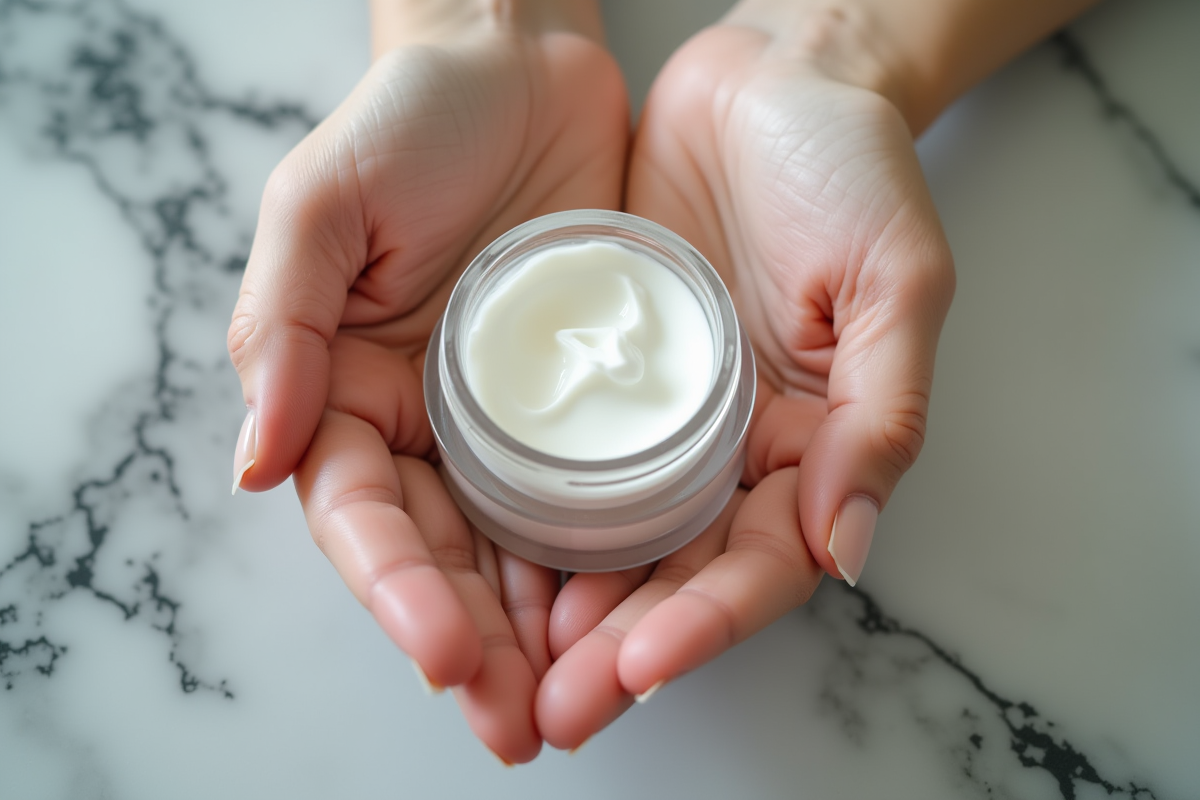 Mains tenant un pot de creme sur marbre