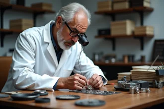 Maître horloger suisse assemblant le mouvement d'une montre tourbillon de luxe dans son atelier à Genève