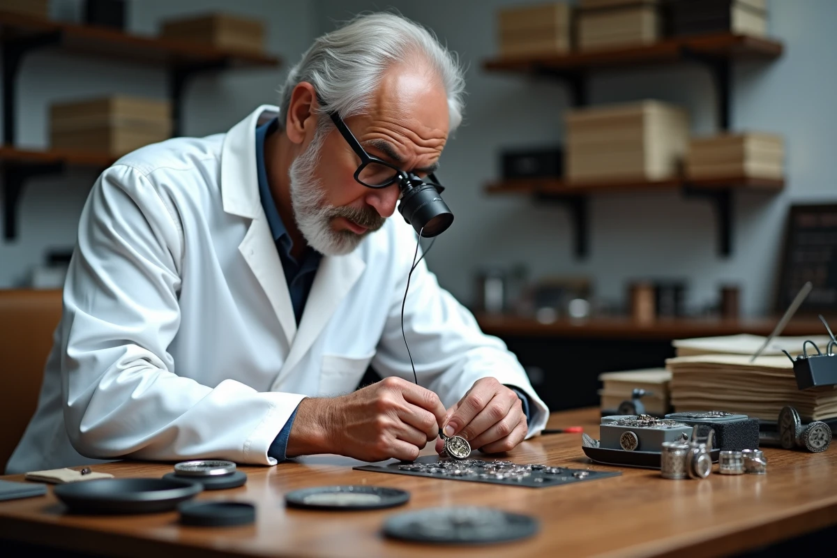 Maître horloger suisse assemblant le mouvement d'une montre tourbillon de luxe dans son atelier à Genève
