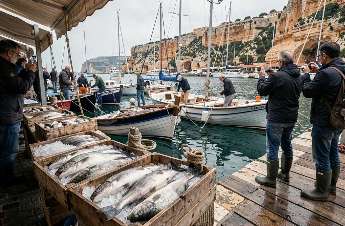 Marché aux poissons du Vieux-Port de Marseille avec pêcheurs et touristes au bord du quai