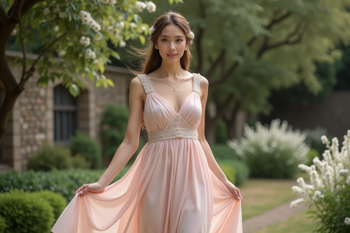 Mariee en robe fluide dans un jardin romantique