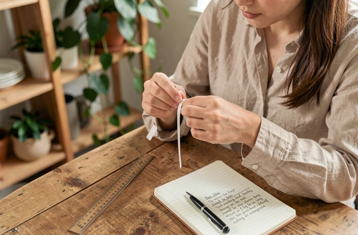 Jeune femme mesurant la taille de son doigt à la maison avec une bandelette de papier et une règle