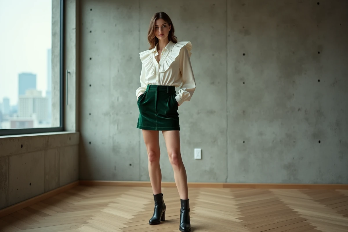 Jeune femme en mini jupe velours vert et blouse à volants dans un appartement minimaliste moderne, look Vivienne Westwood