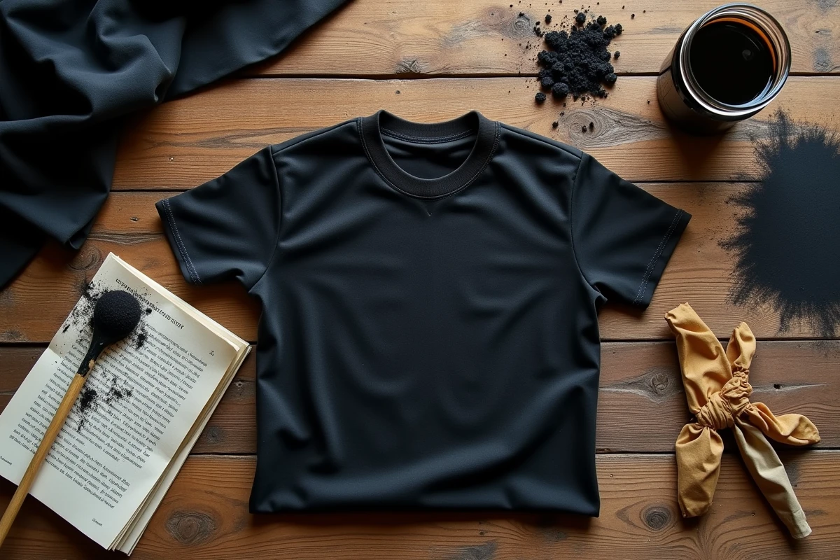 Mise à plat d'un vêtement teint en noir avec les accessoires de teinture textile sur une table en bois