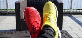 pair of red-and-yellow sneakers