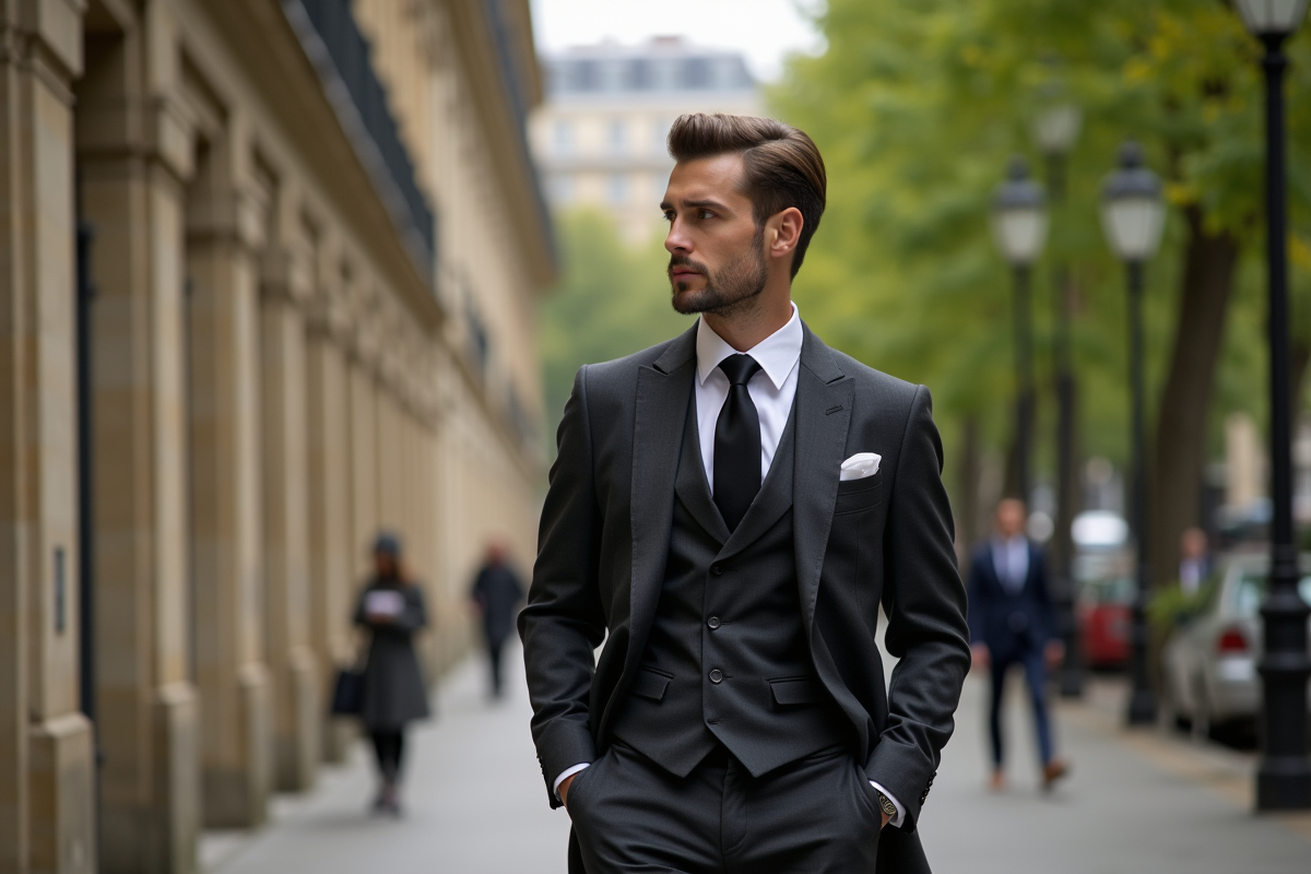 Homme en costume moderne marchant dans une rue parisienne