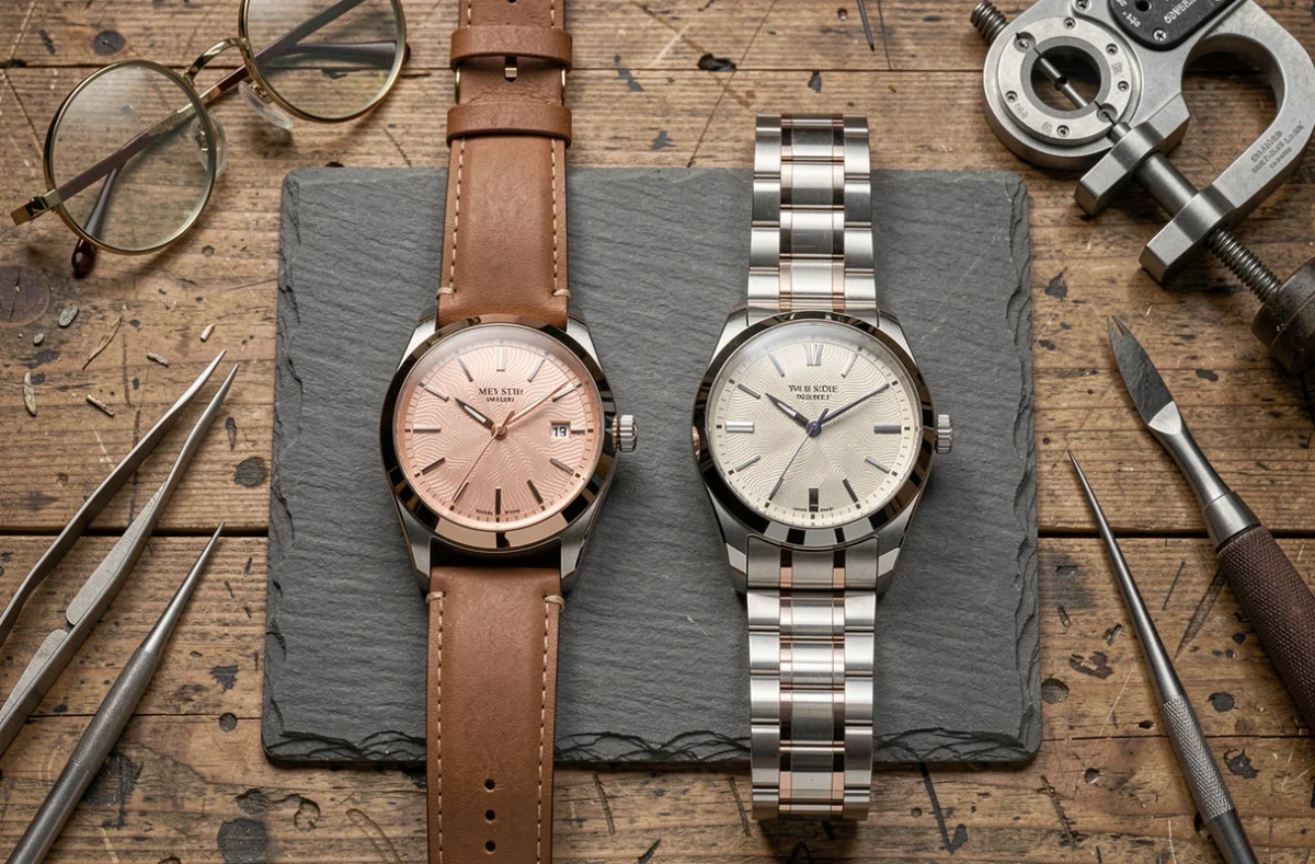 Deux montres de prestige des maisons Richemont posées sur un coussin d'horloger dans un atelier traditionnel avec outils d'horlogerie