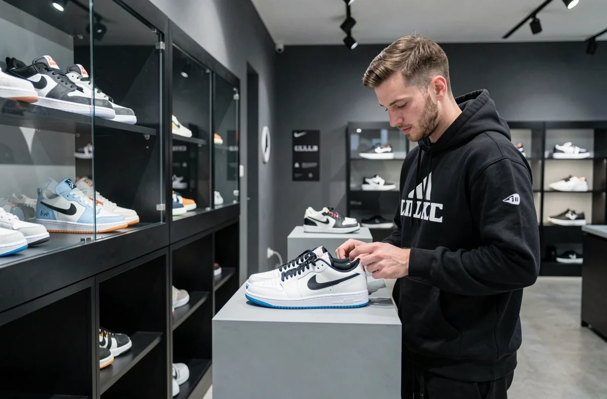 Un homme en streetwear examinant des sneakers en édition limitée dans la boutique Mood Baskets à Lille, avec des vitrines design en fond