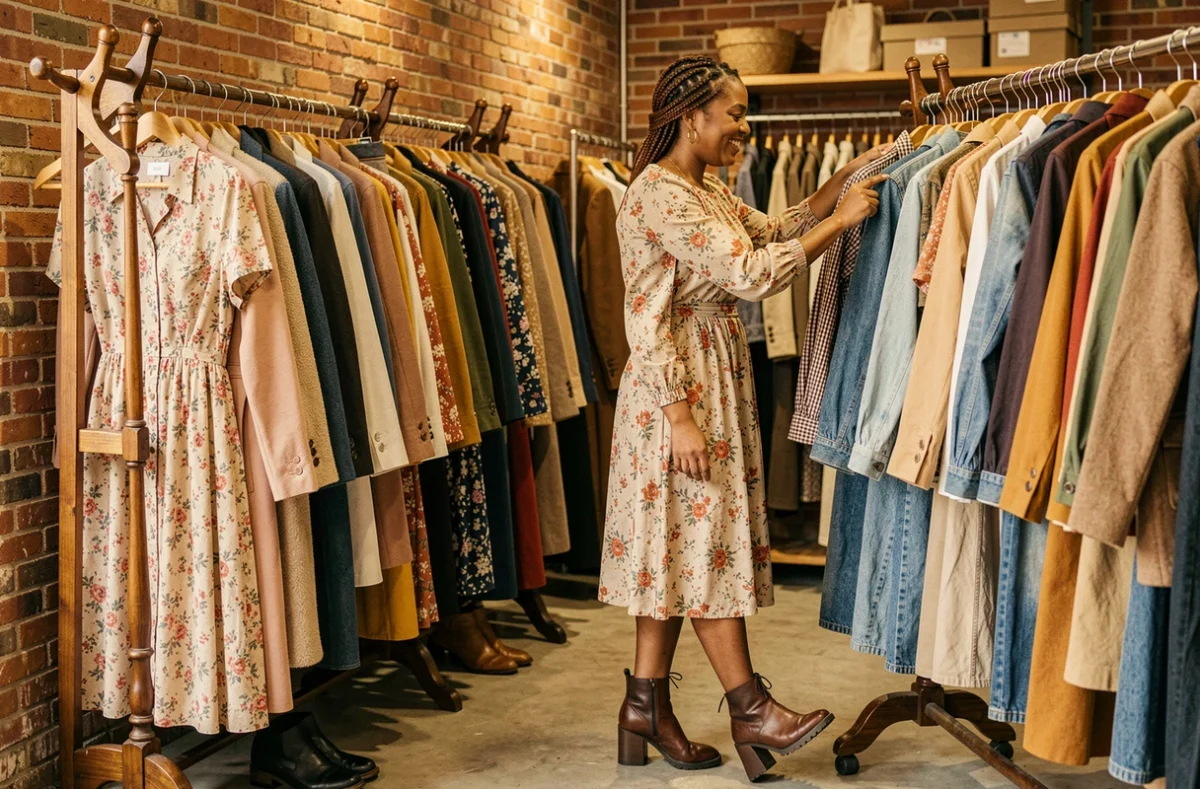 Boutique Nouvelle Chance 60 à Grandfresnoy avec une femme parcourant des vêtements féminins de seconde main dans un cadre chaleureux