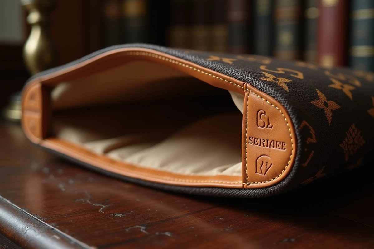 Gros plan sur le numéro de série et les coutures intérieures d'un sac Louis Vuitton pour authentification