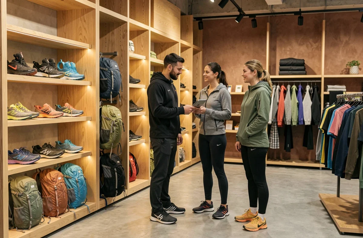 Un vendeur conseillant une cliente dans la boutique Off Course à Lille, spécialisée dans les chaussures de trail et l'équipement outdoor