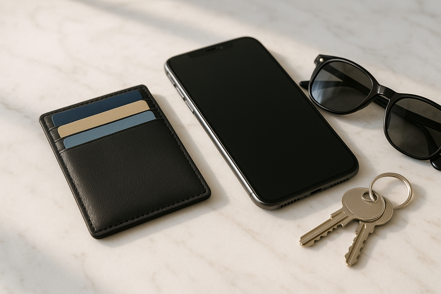 Porte-cartes moderne avec smartphone clés et lunettes sur marbre