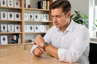 Homme passionné de montres Richemont examinant un garde-temps de luxe sur son poignet dans un bureau moderne et élégant