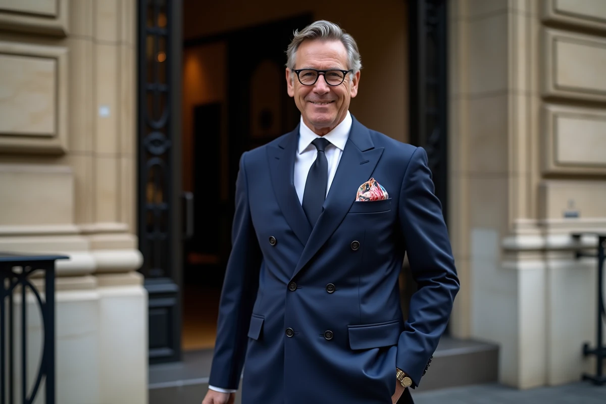 Homme élégant en costume bleu nuit avec une pochette en soie imprimée au pli audacieux devant une façade haussmannienne parisienne