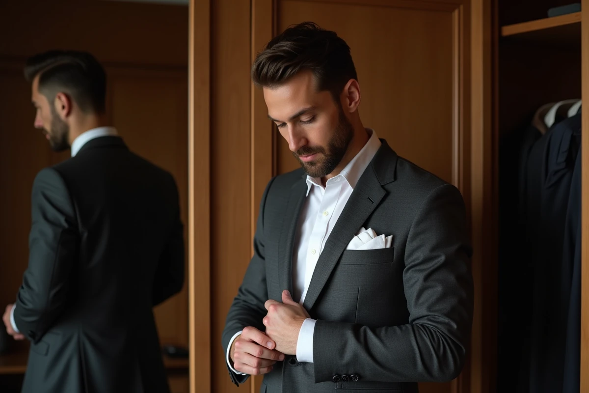 Homme en costume gris charbon pliant une pochette en lin blanc selon la méthode classique devant un miroir en pied