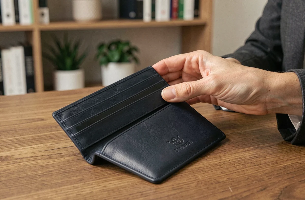 Portefeuille en cuir marine personnalisé avec logo d'entreprise, examiné par une professionnelle dans un bureau moderne