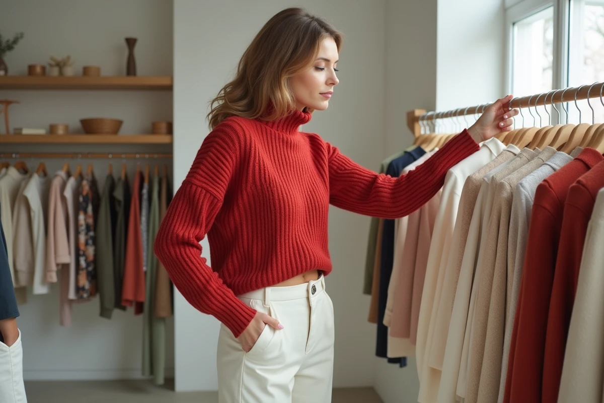 Femme portant un pull rouge col roulé avec un pantalon blanc ivoire dans une boutique minimaliste, combinaison de couleurs tendance pour la mode féminine