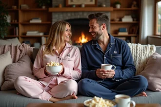 Couple en pyjama personnalisé assorti lors d'une soirée cocooning au coin du feu