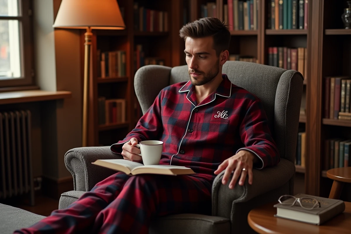 Homme en pyjama à carreaux personnalisé lisant dans un fauteuil pour une soirée cocooning