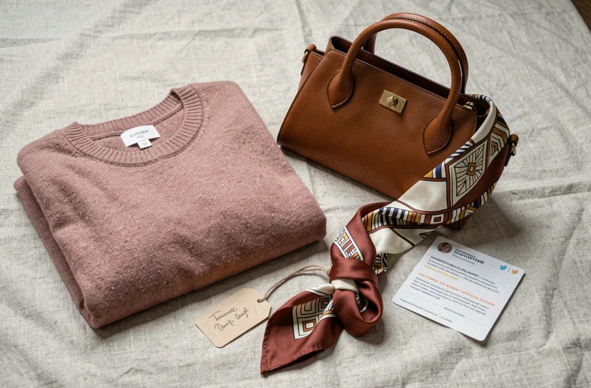 Présentation flatlay de vêtements de mode de qualité incluant pull en laine, sac en cuir et foulard en soie sur fond de lin texturé